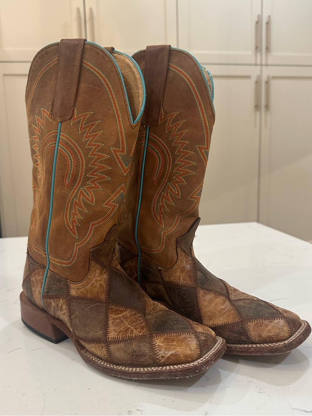 Anderson Bean Patchwork Brown Leather Cowboy Boots w Turquoise Stitching- boys 4